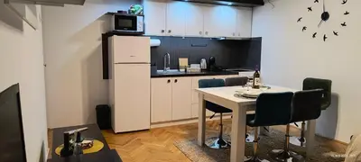 a kitchen with a table with chairs and a refrigerator at Apartman Vidačić in Pirot