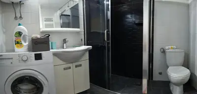 a bathroom with a washing machine and a shower at Apartman Vidačić in Pirot