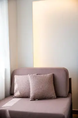 a couch with two pillows sitting in a room at Vila Vrnjačka Banja in Vrnjačka Banja