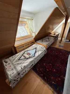 an attic bedroom with two beds and a window at Konaci Spacious Studio in the Heart of the Slopes in Kopaonik