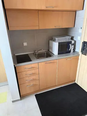 a small kitchen with a sink and a microwave at Konaci Spacious Studio in the Heart of the Slopes in Kopaonik
