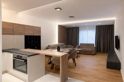 a kitchen and living room with a table and chairs at Leo Lux 3 in Niš