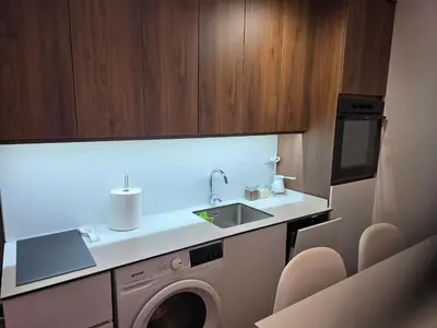 a kitchen with a washing machine and a sink at Sky Nest Kopaonik in Kopaonik