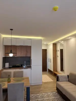 a living room and kitchen with a couch and a table at RASH Apartman in Kopaonik