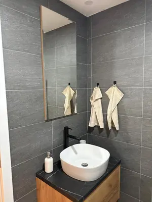 a bathroom with a sink and a mirror at RASH Apartman in Kopaonik