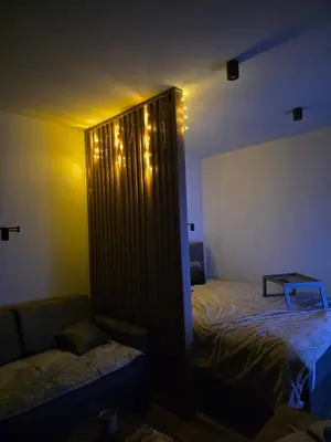 a bedroom with a bed and a partition with lights at Bela Reka 204 in Brzeće