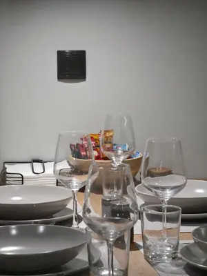 a table with wine glasses and plates on it at Bela Reka 204 in Brzeće