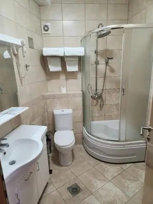 a bathroom with a shower and a toilet and a sink at Motel Aleksandar in Pojate