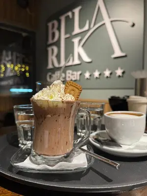 a shake sitting on a table with two cups of coffee at Apart-Hotel Bela Reka in Brzeće