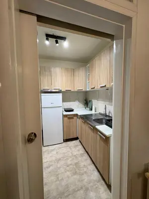 a kitchen with wooden cabinets and a white refrigerator at Park Residence 2 in Niš
