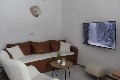 a living room with a couch and a tv on a wall at Winter Tale in Kopaonik