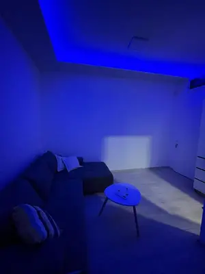 a dark room with a couch and a blue ceiling at Saška Apartments in Niš