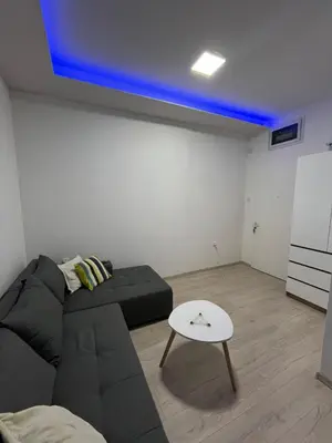 a living room with a black couch and a table at Saška Apartments in Niš