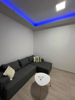a living room with a black couch and a blue ceiling at Saška Apartments in Niš