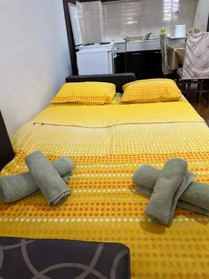 a bed with two pillows on top of it at Apartman Irena in Niš