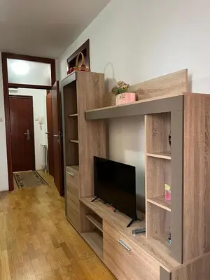 a living room with a tv in a wooden entertainment center at Apartman Irena in Niš
