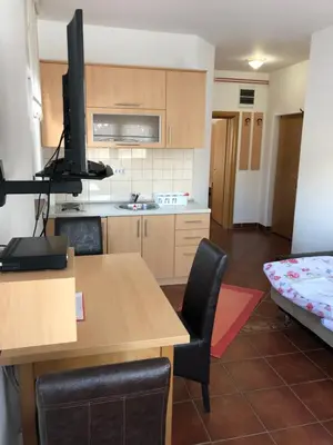 a kitchen with a table and chairs and a television at Vila Nina Kopaonik in Kopaonik