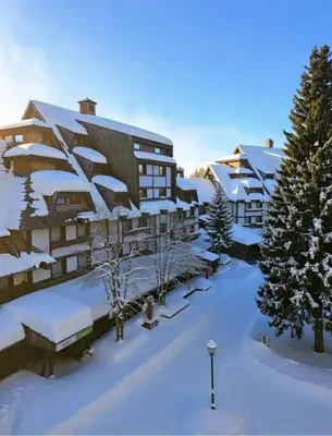 a building covered in snow with snow covered trees at Celestis Apartmani Konaci in Kopaonik