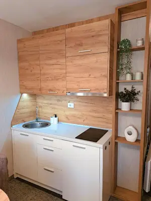 a kitchen with a sink and a counter top at Celestis Apartmani Konaci in Kopaonik