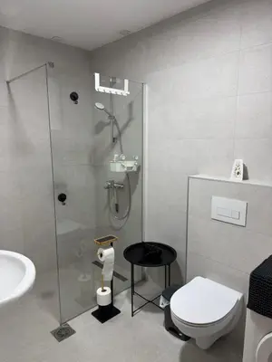 a bathroom with a shower and a toilet and a sink at V&V Apartments in Niš