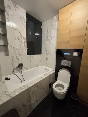 a bathroom with a bath tub and a toilet at Comfortable Nis Apartment in Niš