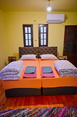 a bedroom with a large bed with two pillows at 369 Vila in Pirot