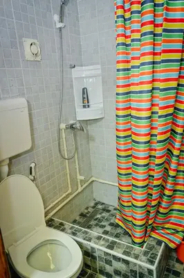 a bathroom with a toilet and a shower curtain at 369 Vila in Pirot