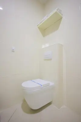 a white bathroom with a toilet and a shelf at Apartman A4 - Vila Opera in Vrnjačka Banja