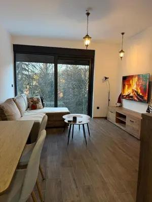 a living room with a couch and a tv at Rajski Kutak Kopaonik in Kopaonik
