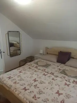 a bedroom with a bed and a mirror at Apartmani Jelena 6 in Vrnjačka Banja