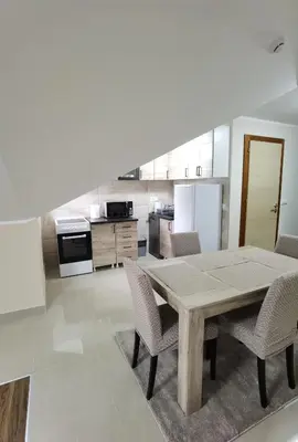 a large kitchen with a wooden table and chairs at Apartman Danica in Vrnjačka Banja