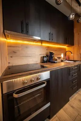 a kitchen with black cabinets and a stove top oven at Ryo Golden Imperial 2 in Kruševac