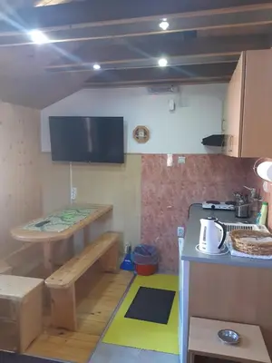 a small kitchen with a table and a counter at Vila Paraglajder in Kopaonik