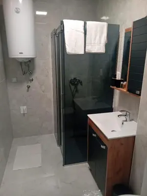 a bathroom with a shower and a sink at Stan na dan Bor in Bor