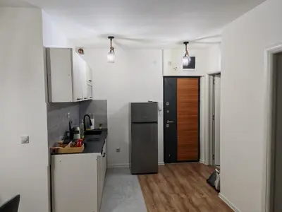 a kitchen with white cabinets and a refrigerator at Stan na dan Bor in Bor