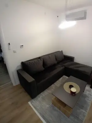 a black couch in a living room with a table at Stan na dan Bor in Bor