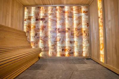 a sauna with a wooden wall and a window at Hotel Nais Nis Autoput in Niš