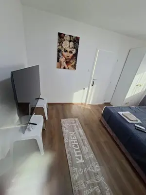 a bedroom with a bed and a table and a television at Bazen Jelasnica 1 in Niš