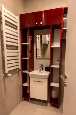 a small bathroom with a sink and red shelving at Delta residence in Niš
