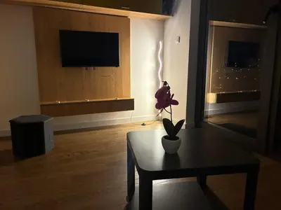 a living room with a table and a tv at Delta residence in Niš