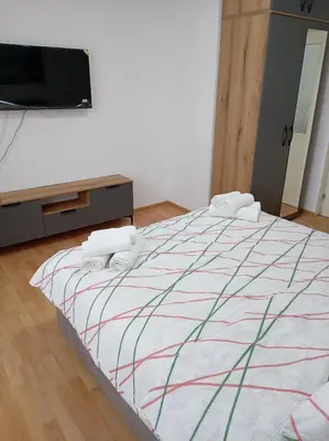 a bedroom with a bed with a tv on the wall at LIN Apartman in Vladičin Han