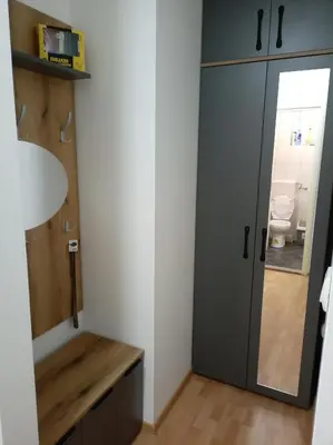 a bathroom with a large gray door in a room at LIN Apartman in Vladičin Han