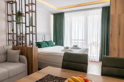 a living room with a bed and a dining room at Sierra Apartments Residence Hill & SPA Centar in Kopaonik