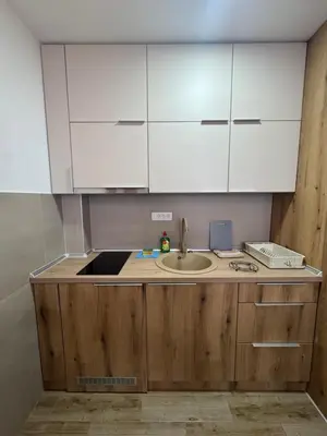 a kitchen with a sink and white cabinets at Apartman Pogled Contra in Kopaonik