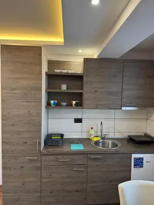 a kitchen with wooden cabinets and a sink at Apartmani Glamur Kopaonik in Kopaonik