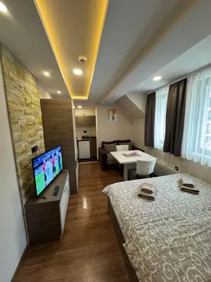 a room with a bed and a couch and a tv at Apartmani Glamur Kopaonik in Kopaonik