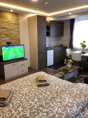 a bedroom with a large bed with a flat screen tv at Apartmani Glamur Kopaonik in Kopaonik