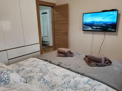 a bedroom with a bed with a tv on the wall at Slatinski mir in Vrnjačka Banja
