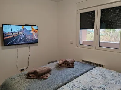 a bedroom with a bed and a flat screen tv at Slatinski mir in Vrnjačka Banja