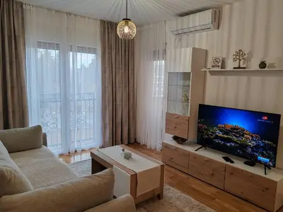 a living room with a couch and a flat screen tv at Slatinski mir in Vrnjačka Banja